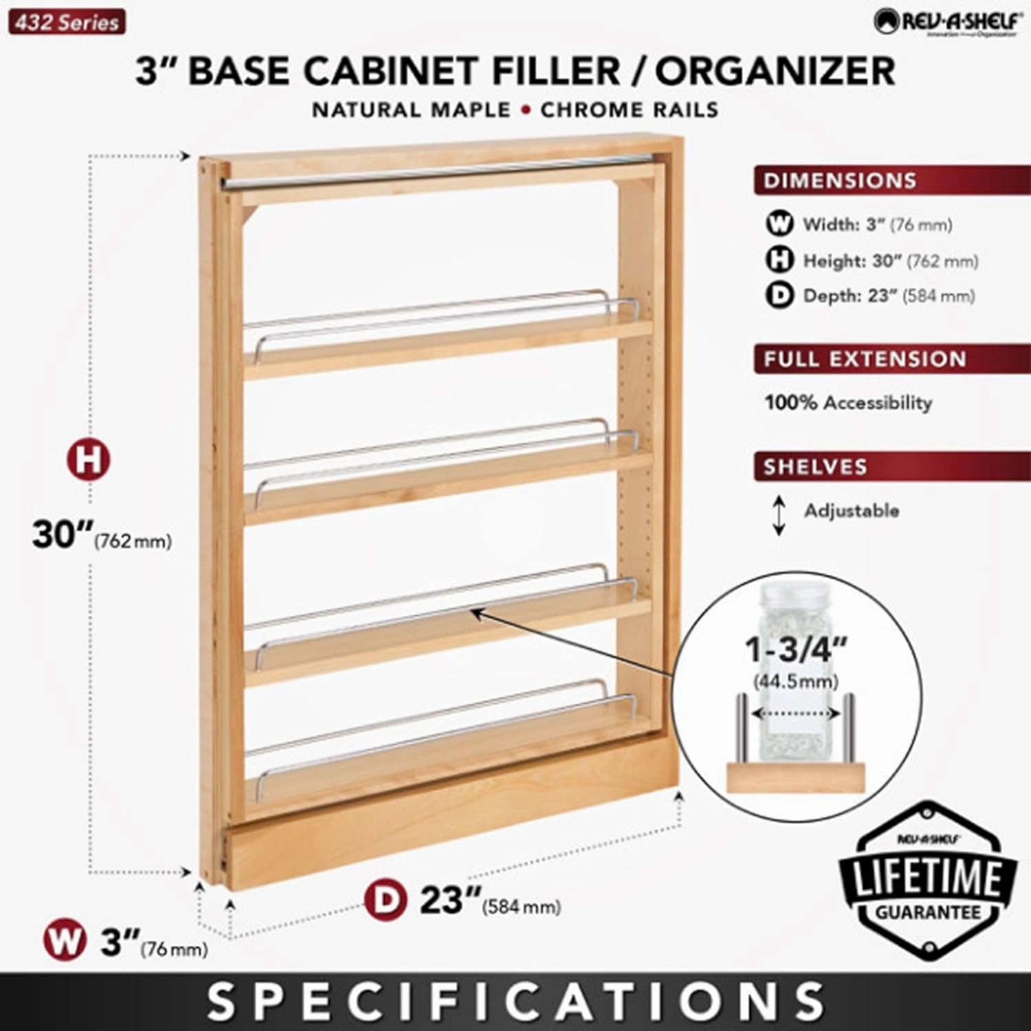 Rev-A-Shelf Pullout Shelf Organizer for Base Kitchen or Bathroom Cabinets, Wood Filler Pantry Storage or Spice Rack, Maple, 3" x 23" x 30", 432-BF-3C