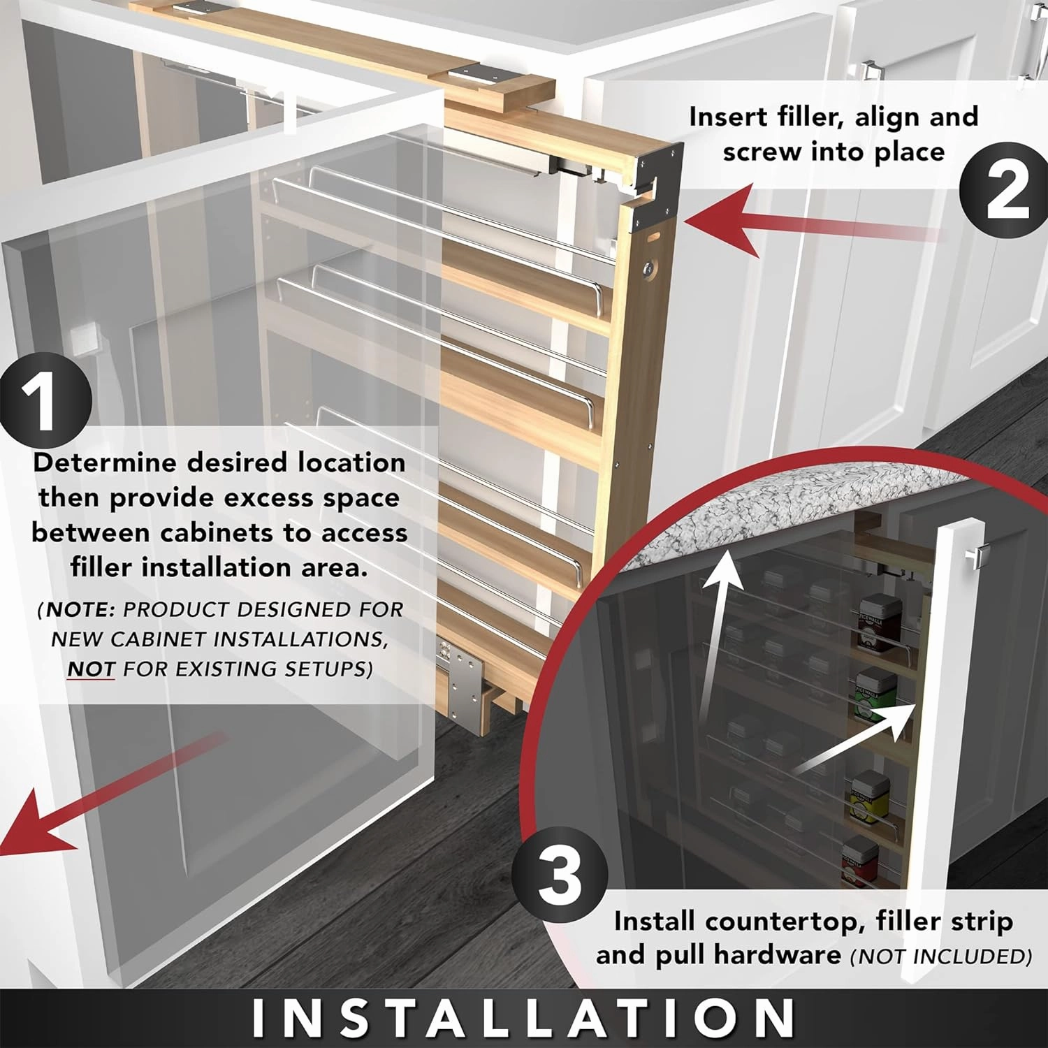 Rev-A-Shelf Pullout Shelf Organizer for Base Kitchen or Bathroom Cabinets, Wood Filler Pantry Storage or Spice Rack, Maple, 3" x 23" x 30", 432-BF-3C
