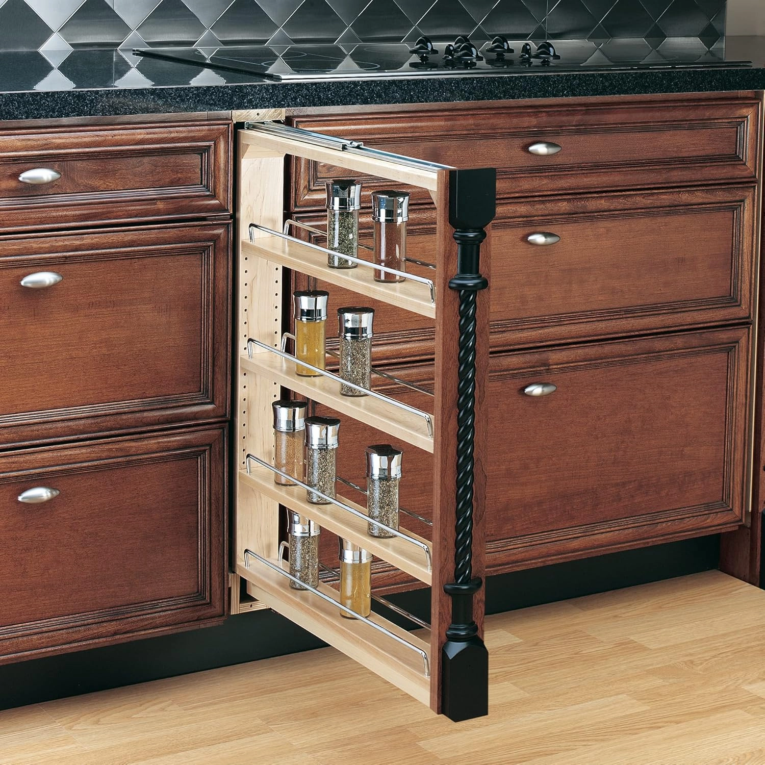 Rev-A-Shelf Pullout Shelf Organizer for Base Kitchen or Bathroom Cabinets, Wood Filler Pantry Storage or Spice Rack, Maple, 3" x 23" x 30", 432-BF-3C