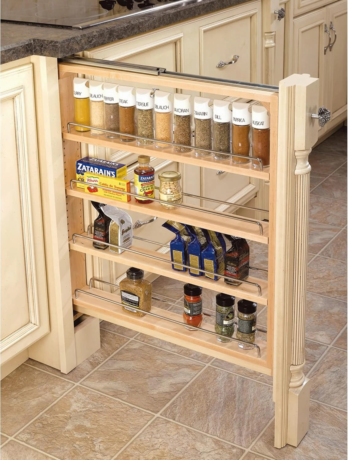 Rev-A-Shelf Pullout Shelf Organizer for Base Kitchen or Bathroom Cabinets, Wood Filler Pantry Storage or Spice Rack, Maple, 3" x 23" x 30", 432-BF-3C