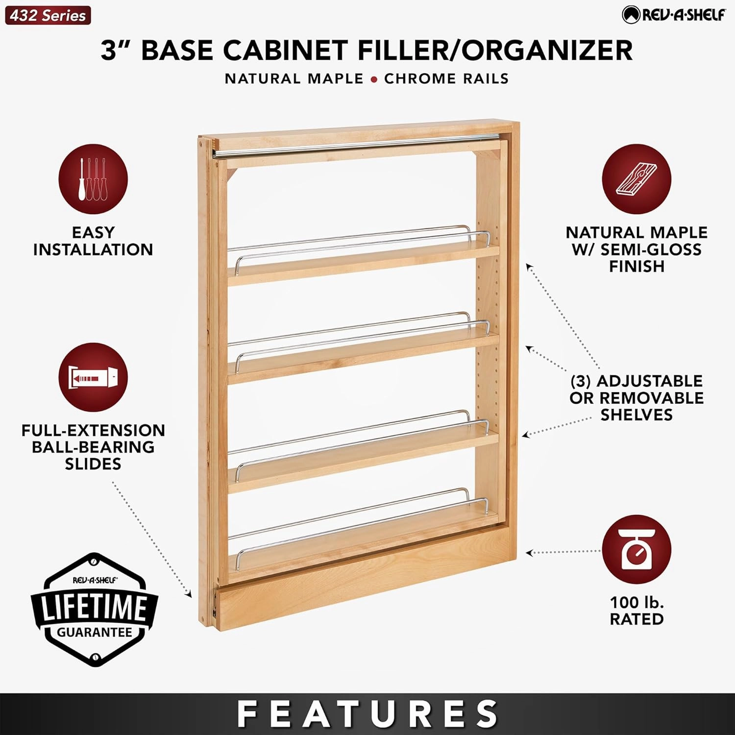 Rev-A-Shelf Pullout Shelf Organizer for Base Kitchen or Bathroom Cabinets, Wood Filler Pantry Storage or Spice Rack, Maple, 3" x 23" x 30", 432-BF-3C