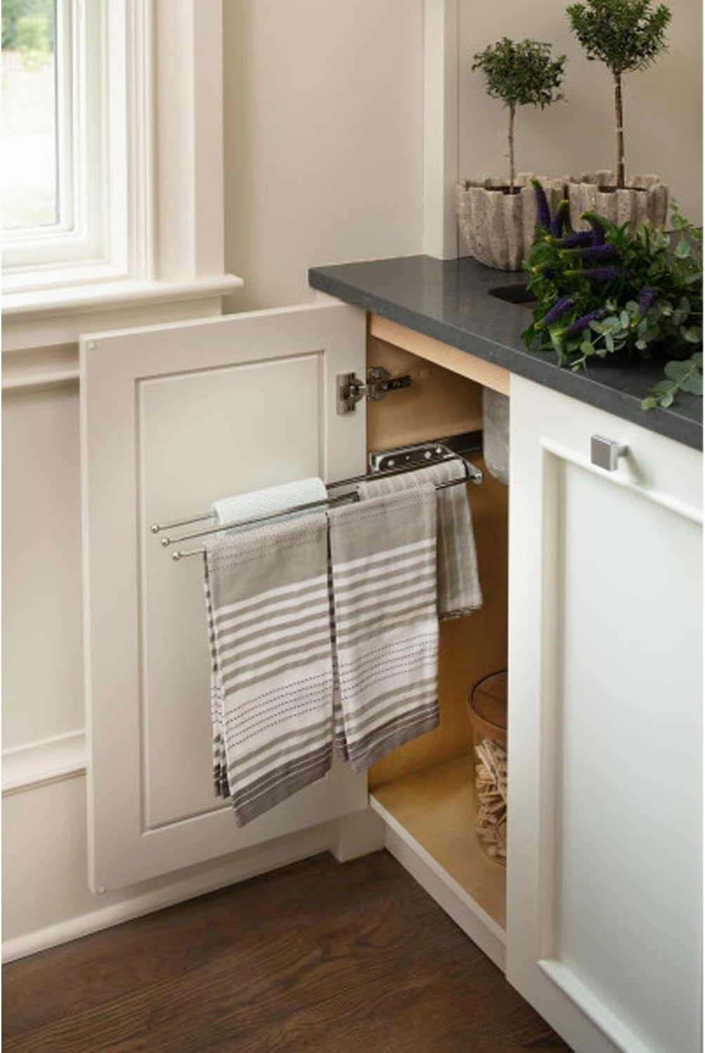 Rev-A-Shelf Under Sink Hand Towel Holder for Kitchen and Bathroom Cabinets, Pullout Extension 3 Prong Wire Dish Rag Rack Hanger, Chrome, 563-47 C