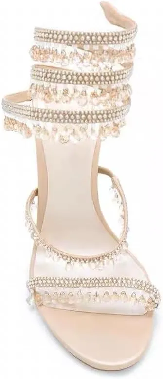 Rhinestone Tassel Wrap Around Stiletto Heels for Women Colorful Crystal Lace Up Stilettos Open Toe Tassel High Heeled Sandals for Prom, Wedding, Party