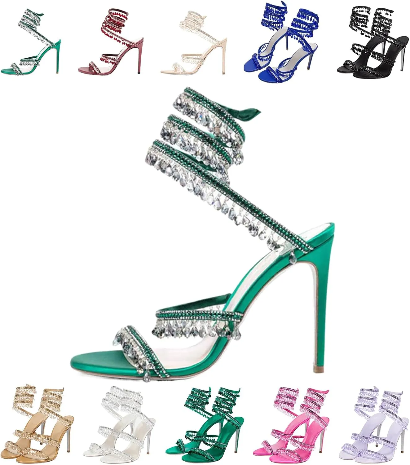 Rhinestone Tassel Wrap Around Stiletto Heels for Women Colorful Crystal Lace Up Stilettos Open Toe Tassel High Heeled Sandals for Prom, Wedding, Party