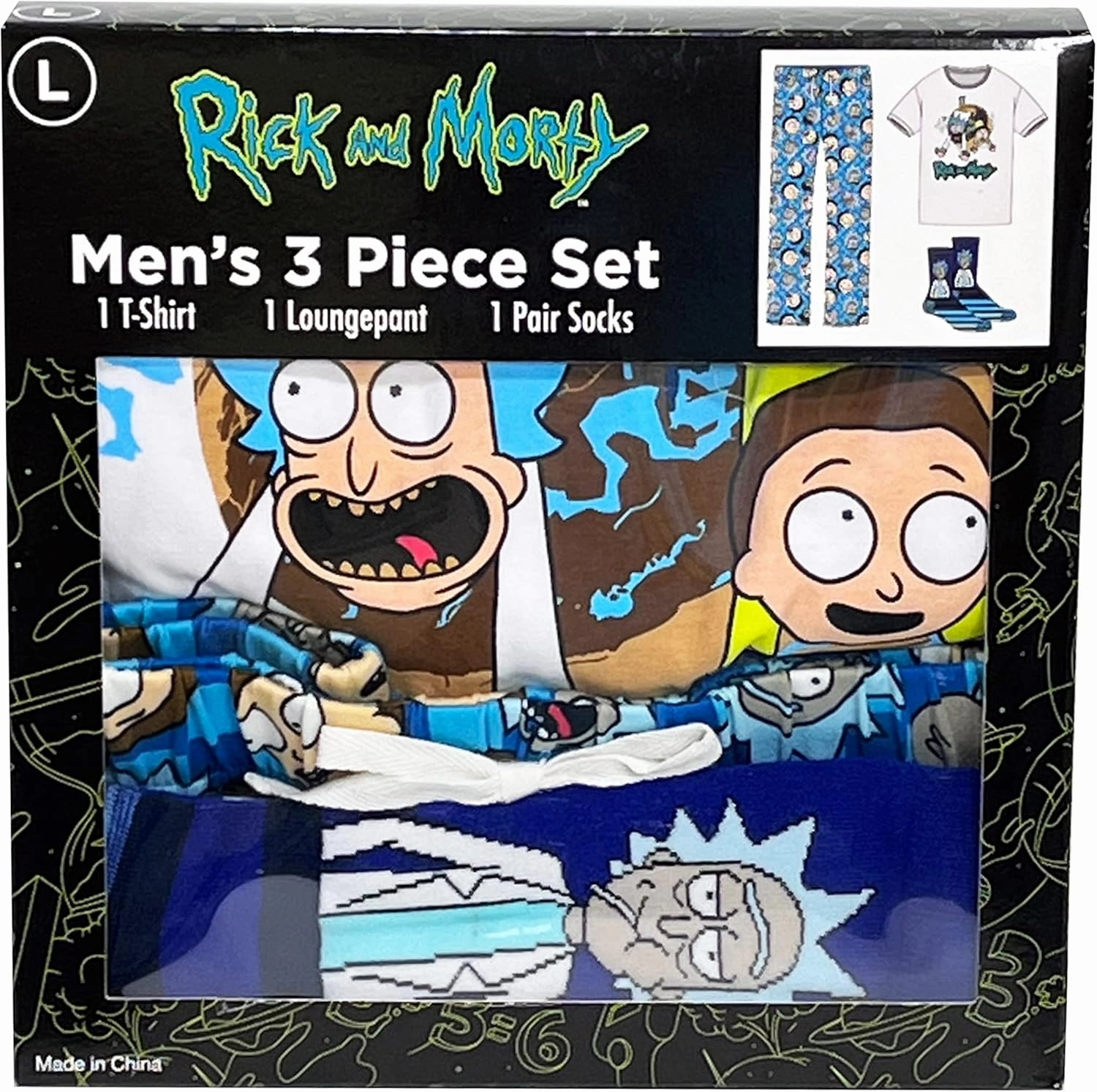 Rick and Morty mens Lounge Set in Gift Box With T-shirt, Pants and Socks With Multiple Print Options in Sizes S-m-l-xl