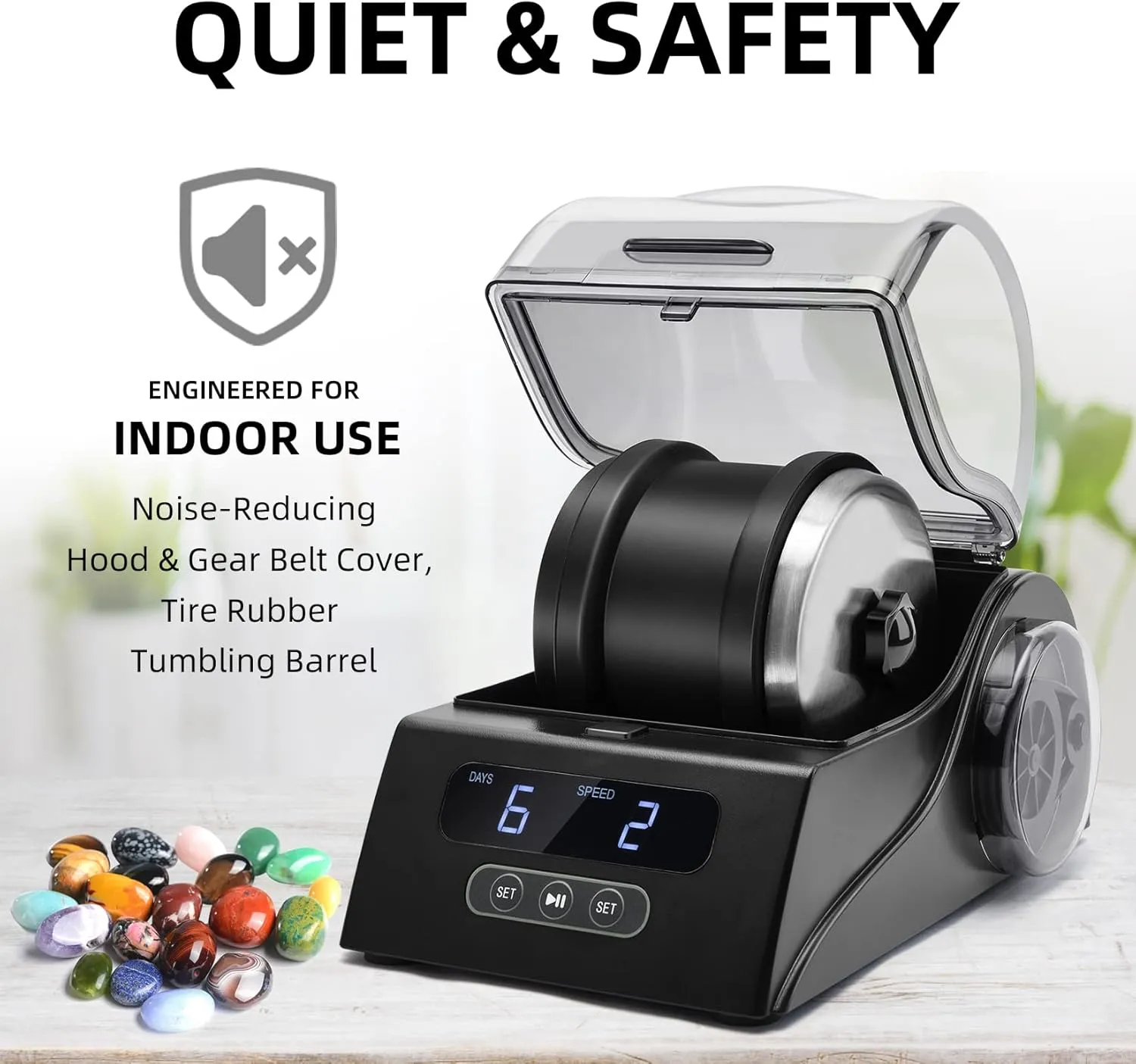 Rock Tumbler Kit Adults - Rock Polisher Tumbler with Noise Reduction Cover, Speed&Timer Control, Includes 4 Polishing Grits, Rough Gemstones, Learning Guide etc., Great Science Gift for All Ages