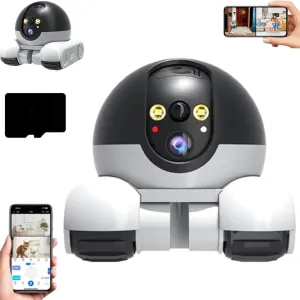 Rolling Robot Camera with Talk, Wireless Smart 360-Degree HD Dual Lens, Blinky Bot Camera, Robot Cameras on Wheels, Theblinkybot Intelligent Recognition, Dual Shooting Angles, Night Vision (WiFi 64G)