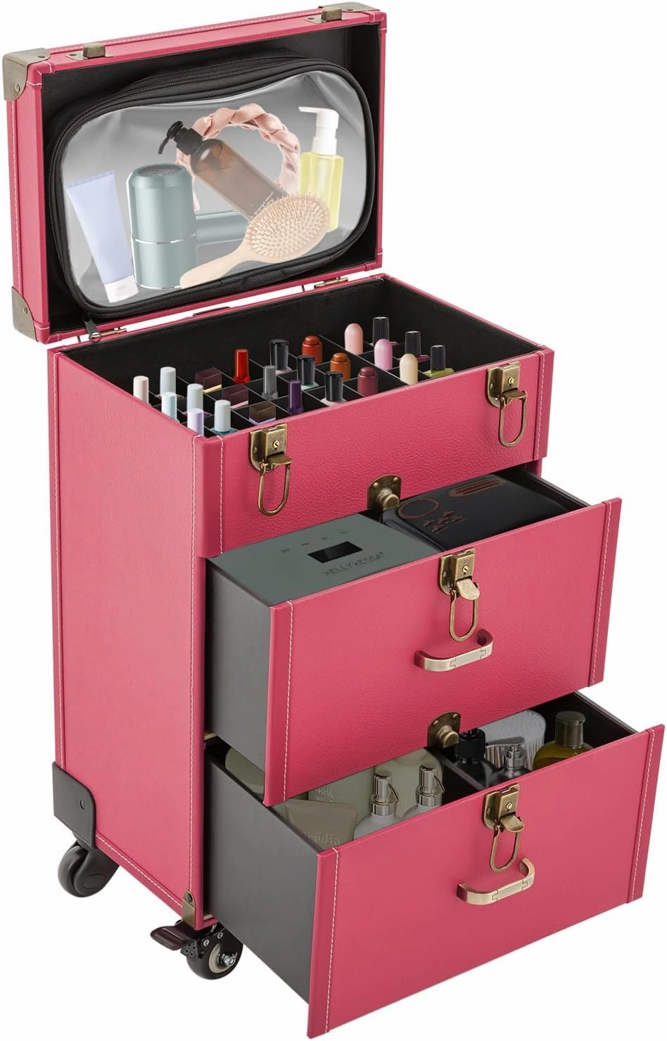 Rolling Makeup Trolley Case, Makeup Train Case with Keys Swivel Wheels, Makeup Suitcase Organizer on Wheels for Nail Tech Hairstylists (Rose)