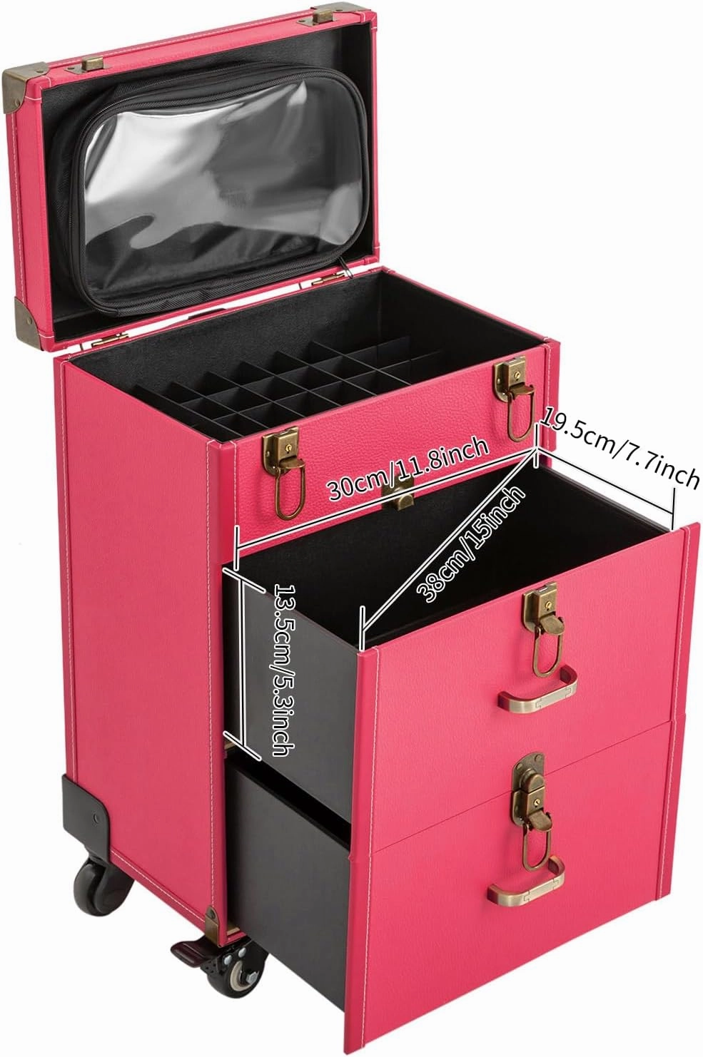 Rolling Makeup Trolley Case, Makeup Train Case with Keys Swivel Wheels, Makeup Suitcase Organizer on Wheels for Nail Tech Hairstylists (Rose)