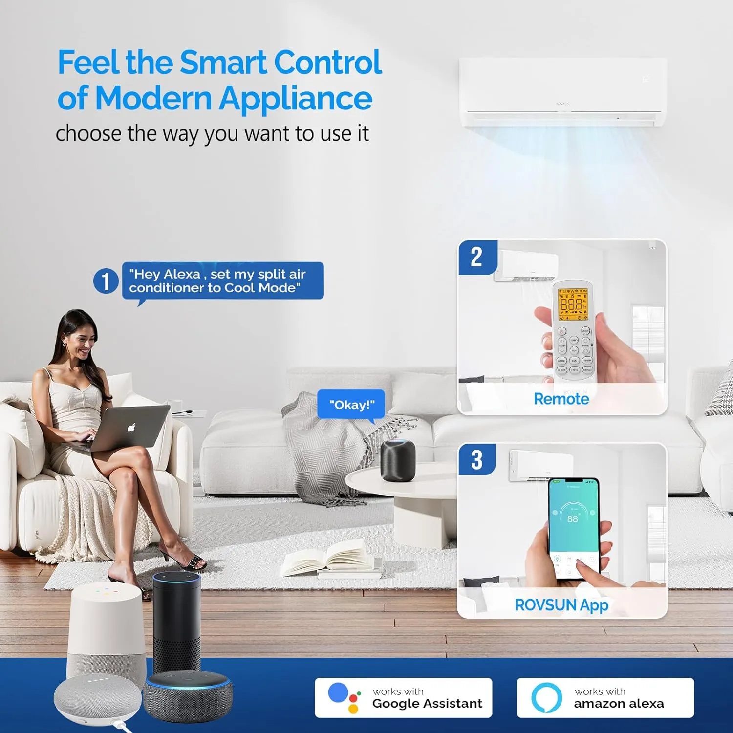 ROVSUN 9,000 BTU Smart WIFI Mini Split AC/Heating System with Inverter & APP Control, 24 SEER2 Ductless Split Air Conditioner with Pre-Charged Condenser, Heat Pump & Installation Kit, 115V