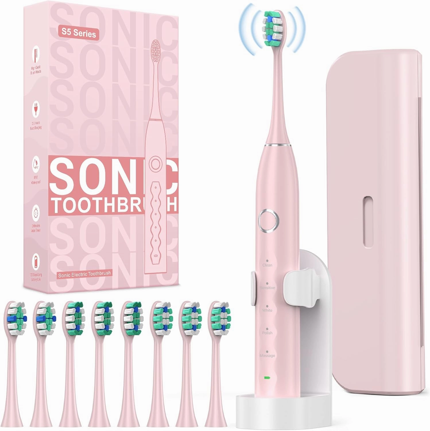Rtauys S5 Sweeping Electric Toothbrush - Rechargeable Electric Toothbrushes with 8 Heads, Power Electric Toothbrush with Holder, 2.5 Hours Charge for 45 Days Battery Life - Pink