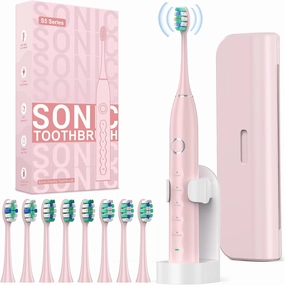 Rtauys S5 Sweeping Electric Toothbrush - Rechargeable Electric Toothbrushes with 8 Heads, Power Electric Toothbrush with Holder, 2.5 Hours Charge for 45 Days Battery Life - Pink