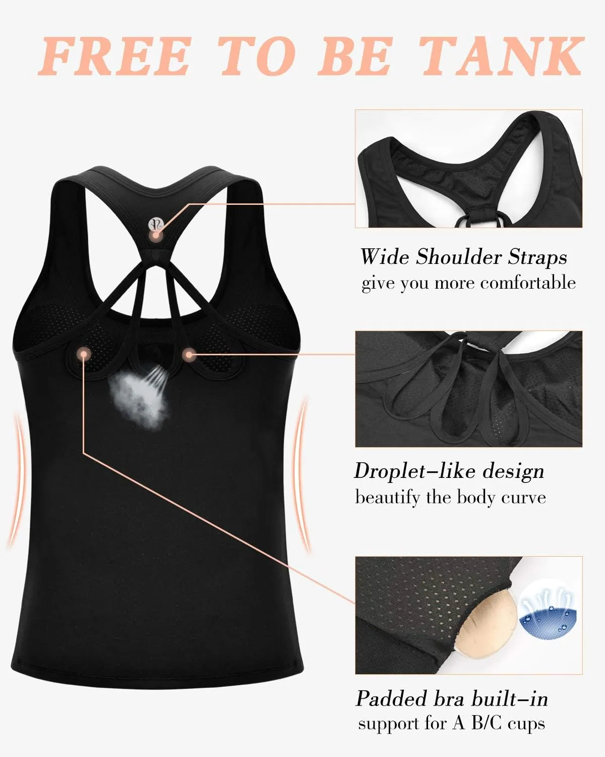 RUNNING GIRL Workout Tank Tops with Built in Bras for Women,Compression Shirt Strappy Back Athletic Yoga Tops