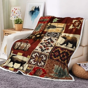 Rustic Cabin Throw Blankets, Farmhouse Country Vintage Bear Moose Wood Cozy Warm Bed Couch Blanket, Hunting Camping Forest White Fleece Flannel Throws to Decorate The Room and Bedroom
