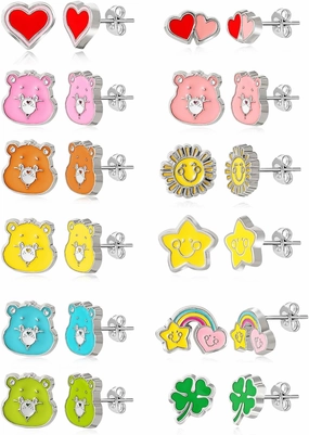 SALLY ROSE Care Bears Stud Earrings Set of 12 Official License, Fashion Enamel Care Bears Earrings 12-Pack, Care Bears Gift, 12 Pair, SH01235RL.NJ