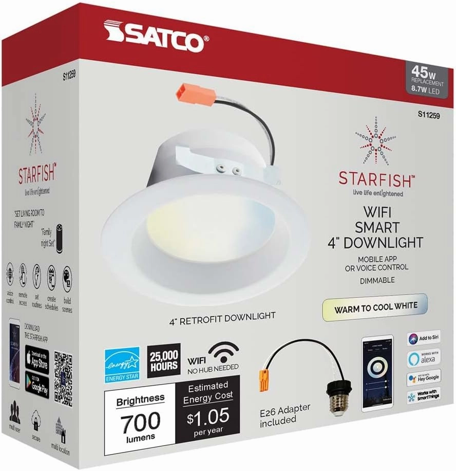 Satco S11259 Starfish 4 Inch Retrofit WiFi Smart LED Recessed Downlight, Works with Siri, Alexa, Google Assistant, SmartThings, Tunable White, 700 Lumens