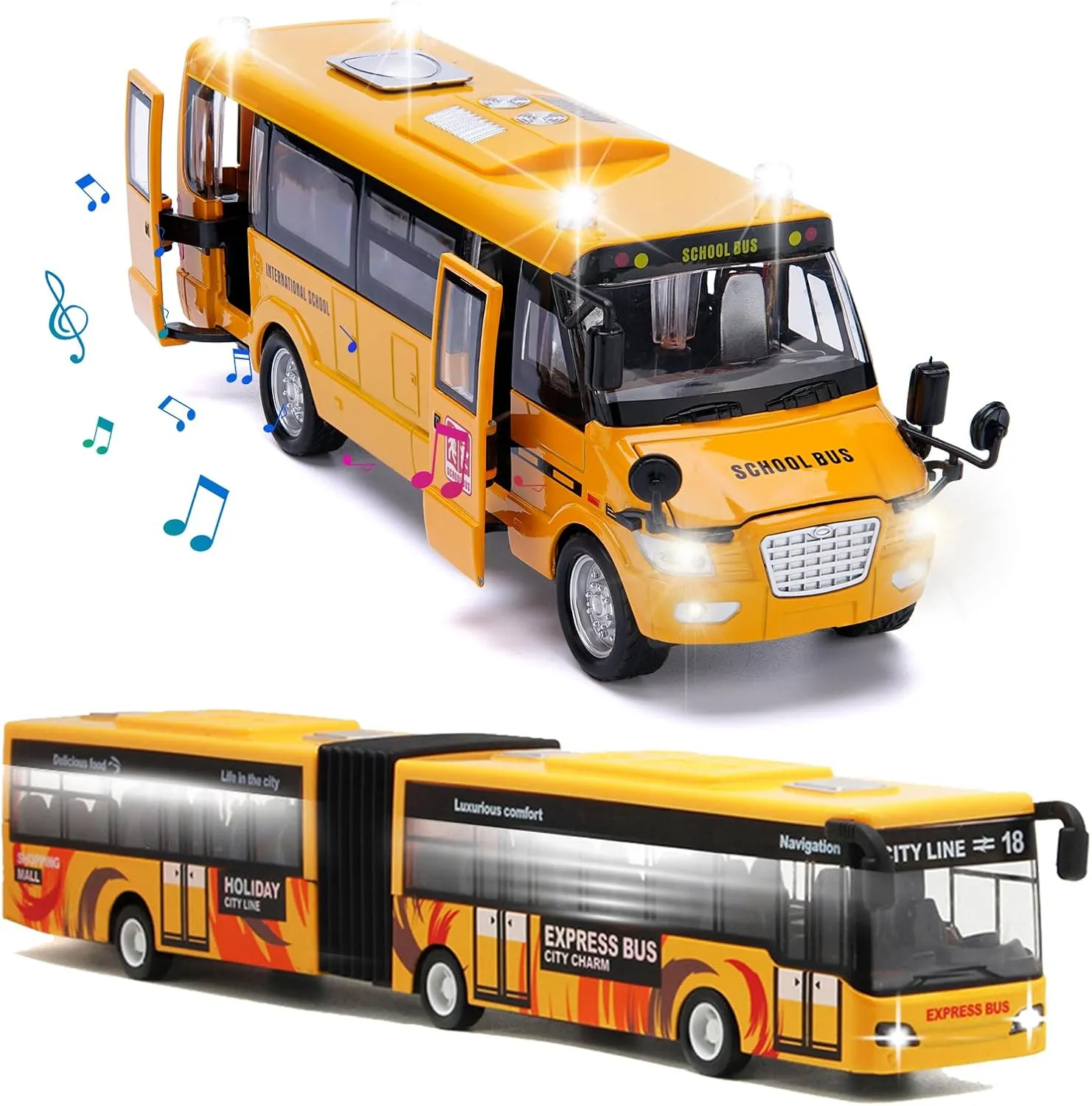 School Bus Toy with Light and Sound & City Bus Die Cast Alloy Pull Back with Sounds and Lights