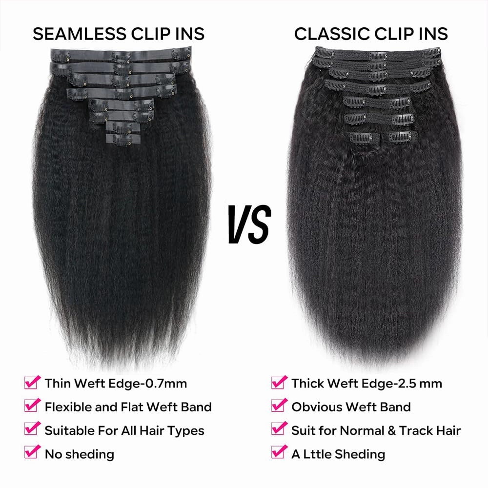 Seamless Kinky Straight Clip in Hair Extensions for Black Women Brazilian Virgin Human Hair Extensions 8Pcs Seamless Clip ins Human Hair with 18Clips Invisible PU Skin Weft 120g 20nch Natural Black