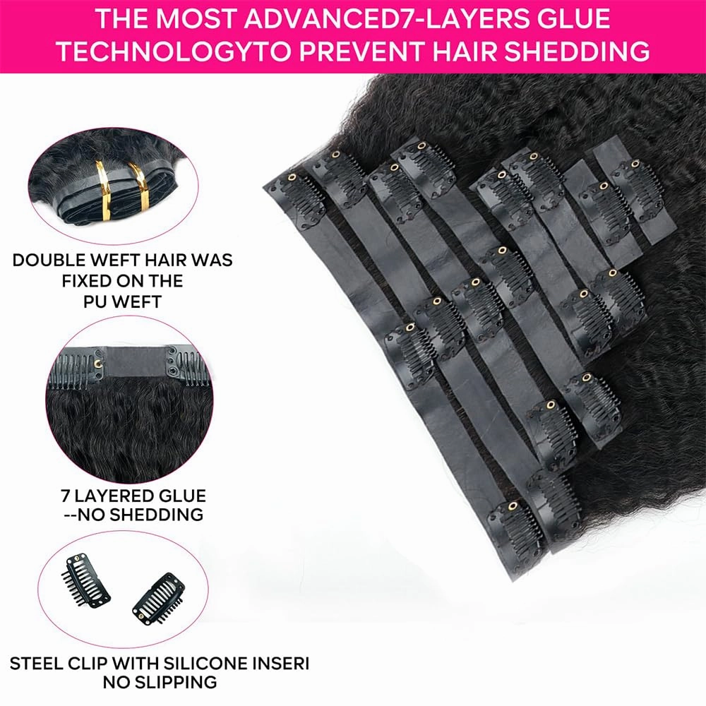 Seamless Kinky Straight Clip in Hair Extensions for Black Women Brazilian Virgin Human Hair Extensions 8Pcs Seamless Clip ins Human Hair with 18Clips Invisible PU Skin Weft 120g 20nch Natural Black