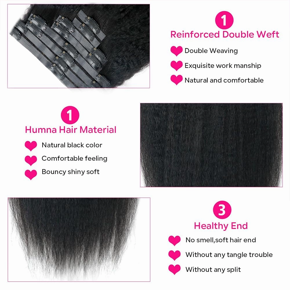 Seamless Kinky Straight Clip in Hair Extensions for Black Women Brazilian Virgin Human Hair Extensions 8Pcs Seamless Clip ins Human Hair with 18Clips Invisible PU Skin Weft 120g 20nch Natural Black