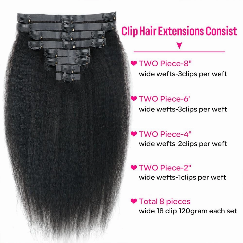 Seamless Kinky Straight Clip in Hair Extensions for Black Women Brazilian Virgin Human Hair Extensions 8Pcs Seamless Clip ins Human Hair with 18Clips Invisible PU Skin Weft 120g 20nch Natural Black