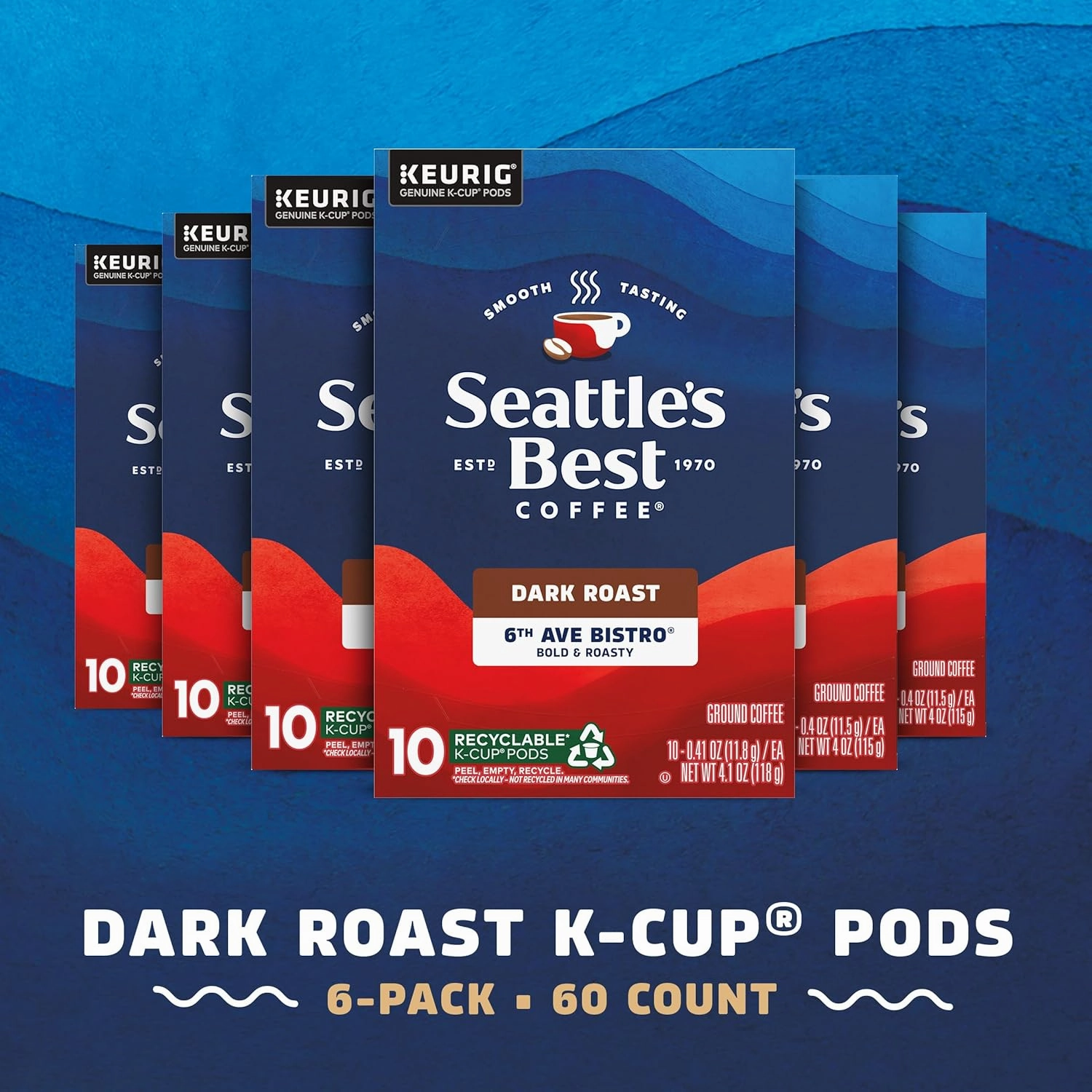 Seattle's Best Coffee 6th Avenue Bistro Dark Roast K-Cup Pods | 6 boxes of 10 (60 Total Pods)