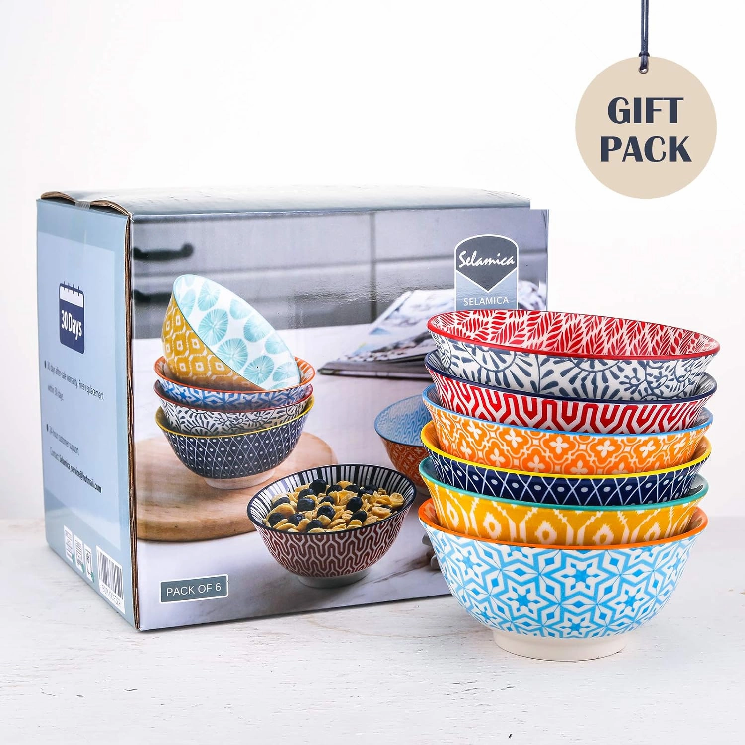 Selamica Porcelain 20oz Cereal Bowl Set - Set of 6, 6 inch Soup Bowls, Ceramic bowls for Cereal, Soup, Salad and Pasta, Colorful bowls