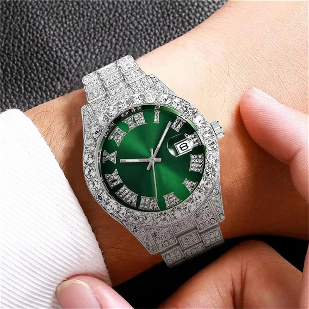 SENRUD Men's Diamond Watch Fashion Crystal Rhinestone Quartz Analog Watch Iced-Out Bracelet Wrist Watch