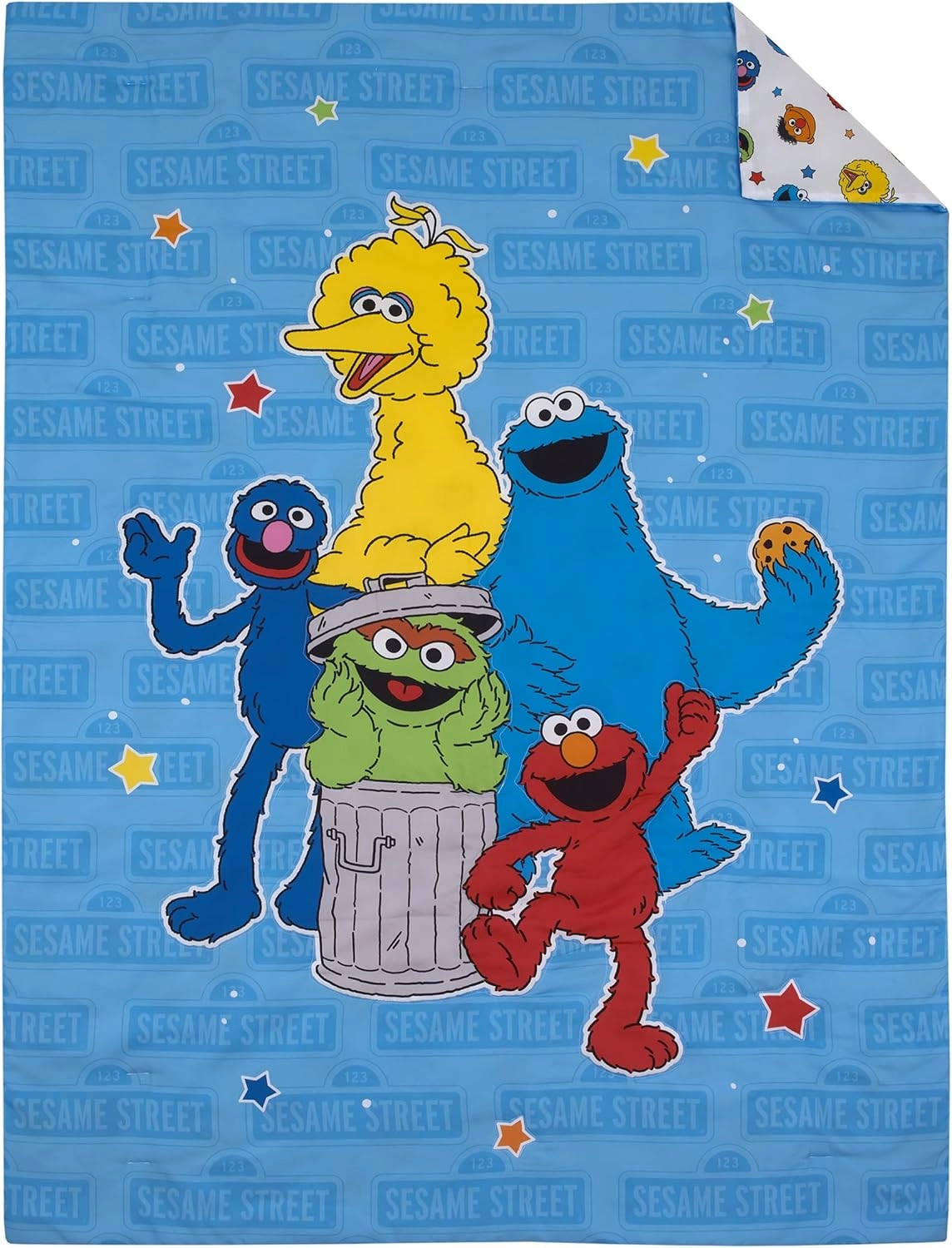 Sesame Street Come and Play, Elmo, Big Bird, Cookie Monster, Grover, and Oscar The Grouch 4 Piece Toddler Bed Set - Comforter, Fitted Bottom Sheet, Flat Top Sheet, and Reversible Pillowcase