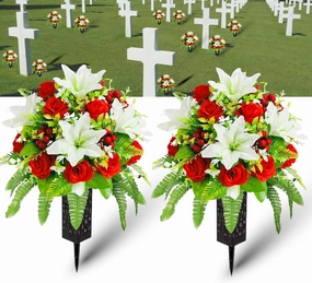 Set of 2 Artificial Cemetery Flowers, Memorial Flower Bouquet,Grave Flowers, Artificial Roses,Artificial Lilies (Colorful), Bottle with Drainage Hole for Cemetery Headstone Decoration