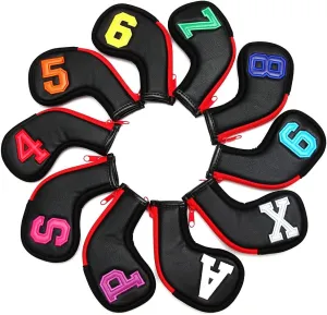 SHABIER Colorful Number Golf Iron Head Covers Iron Headovers Wedges Covers 4-9 ASPX 10pcs (Black with Zipper)