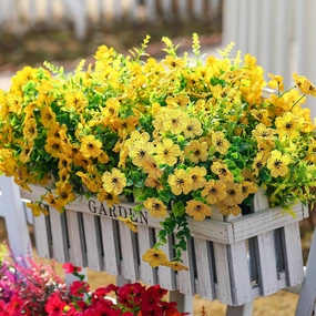 SHareconn 24 Bundles Artificial Flowers for Outdoors Decoration, Faux Plants Fake Silk Colorful Daisy Eucalyptus Lavender, UV Resistant for Outside Home Porch Patio Indoor Spring Decor, Yellow