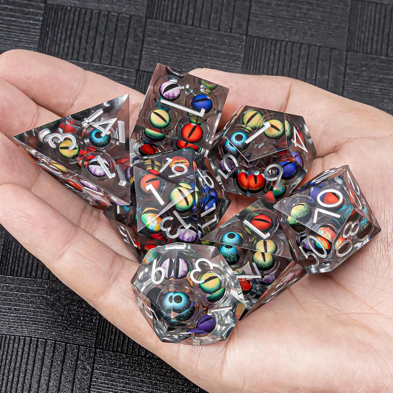 Sharp Edged Dice Set Mix Colored Eyeball Dice 22-32mm Large DND Dice with Box, Dungeons and Dragons Polyhedral D&D Role Playing Board Game D&D Dice Set D20 D12 D10 D8 D6 D4 (Colorful Eyes Silver Ink)