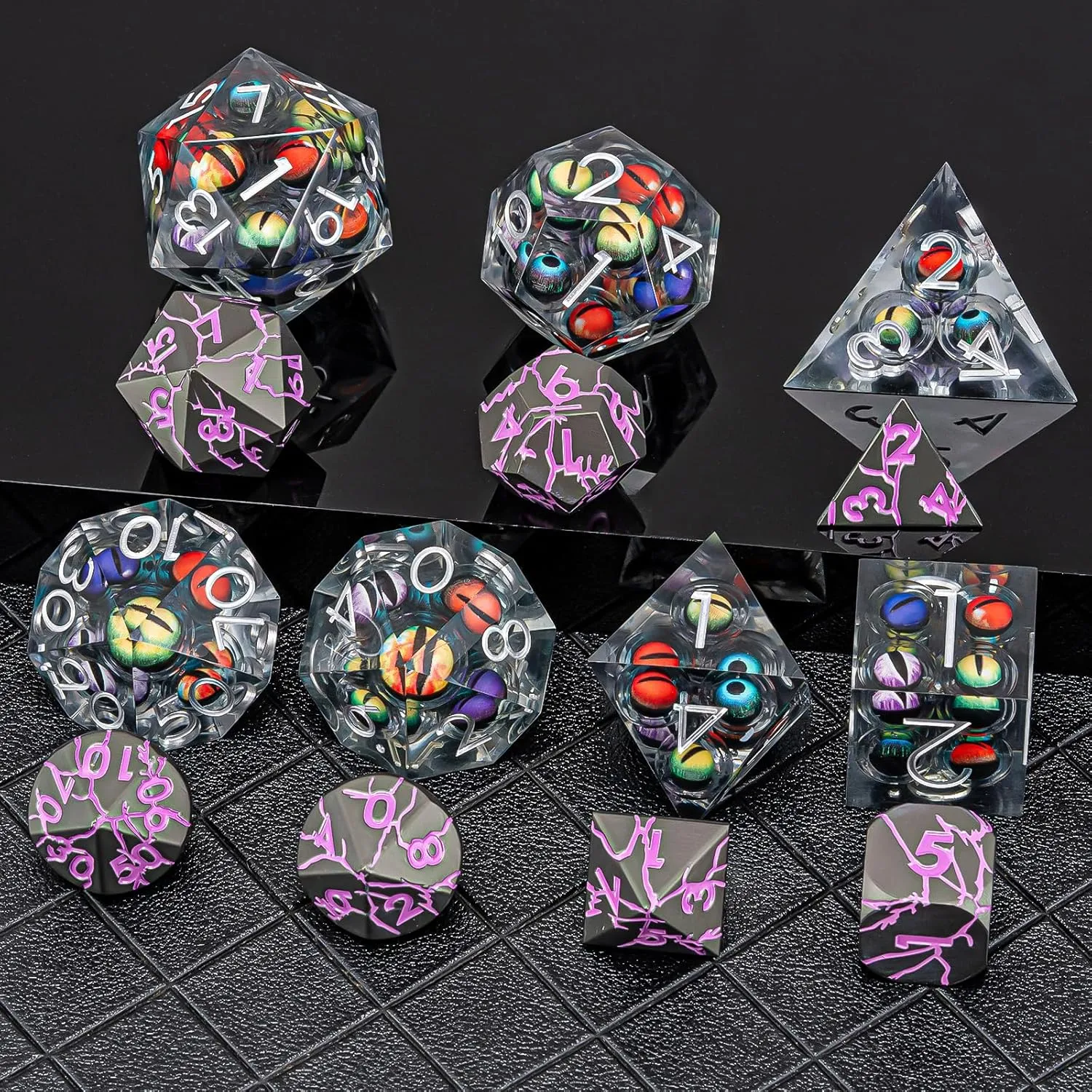 Sharp Edged Dice Set Mix Colored Eyeball Dice 22-32mm Large DND Dice with Box, Dungeons and Dragons Polyhedral D&D Role Playing Board Game D&D Dice Set D20 D12 D10 D8 D6 D4 (Colorful Eyes Silver Ink)