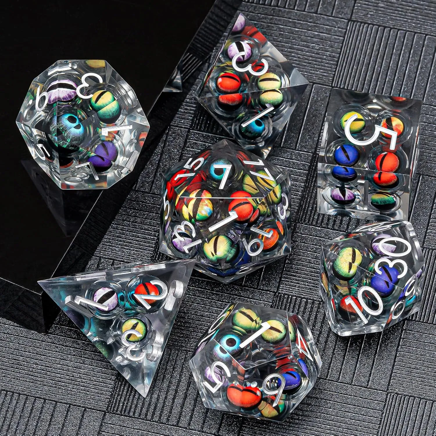 Sharp Edged Dice Set Mix Colored Eyeball Dice 22-32mm Large DND Dice with Box, Dungeons and Dragons Polyhedral D&D Role Playing Board Game D&D Dice Set D20 D12 D10 D8 D6 D4 (Colorful Eyes Silver Ink)