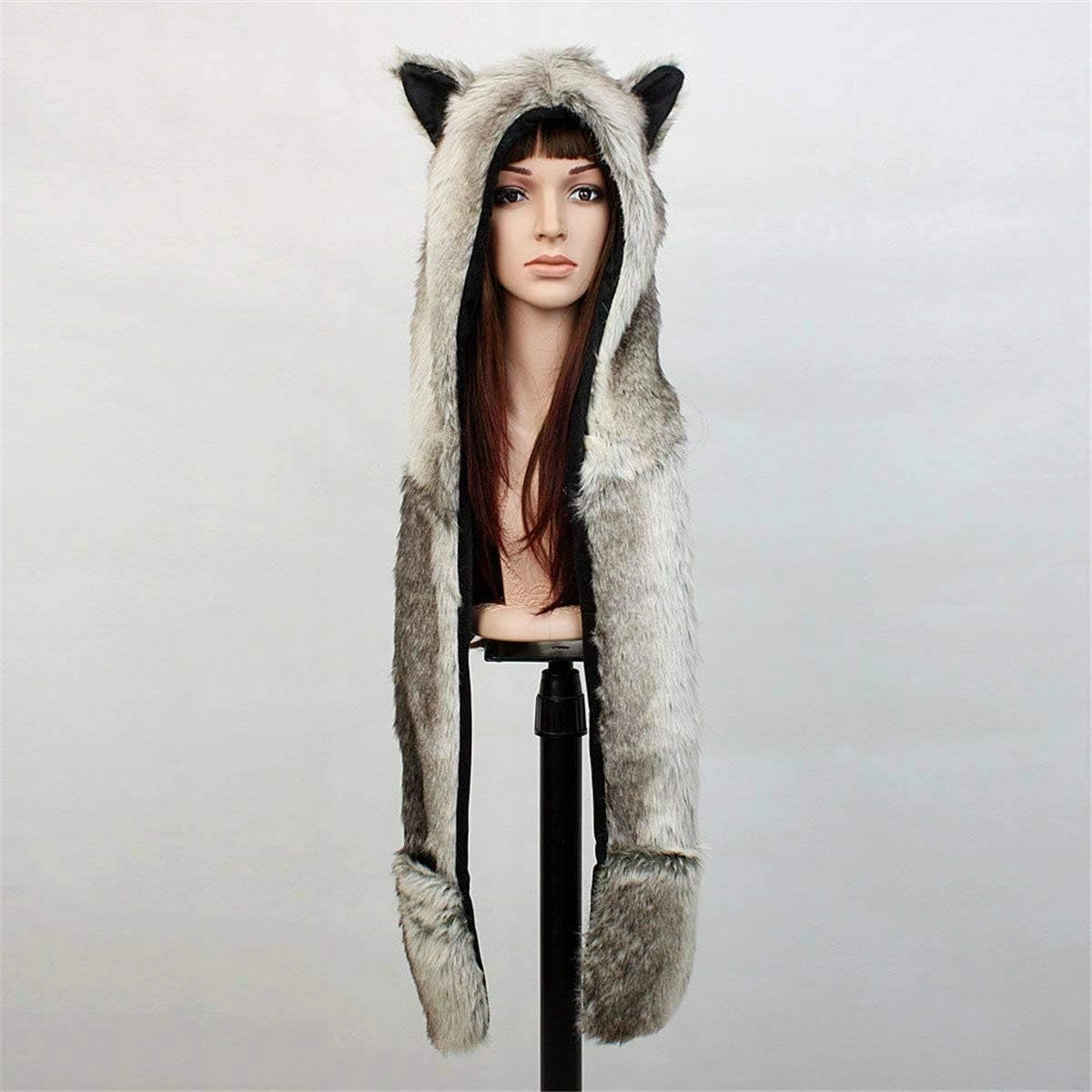 ShellKingdom Plush Novelty Animal Hat,3 in 1 Function Faux Fur Full Animal Hood Hat Winter Warmer Cap