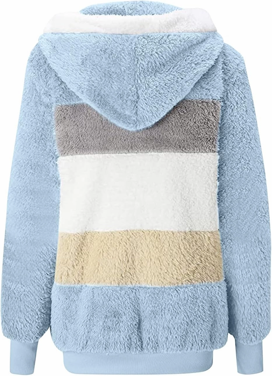 Sherpa Jacket For Women With Hood Causal Loose Plus Size Zip Up Color Block Fuzzy Fleece Coat Warm Teddy Outwear