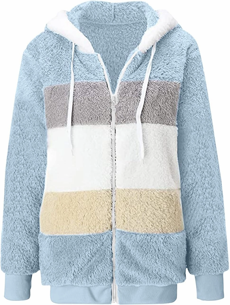 Sherpa Jacket For Women With Hood Causal Loose Plus Size Zip Up Color Block Fuzzy Fleece Coat Warm Teddy Outwear