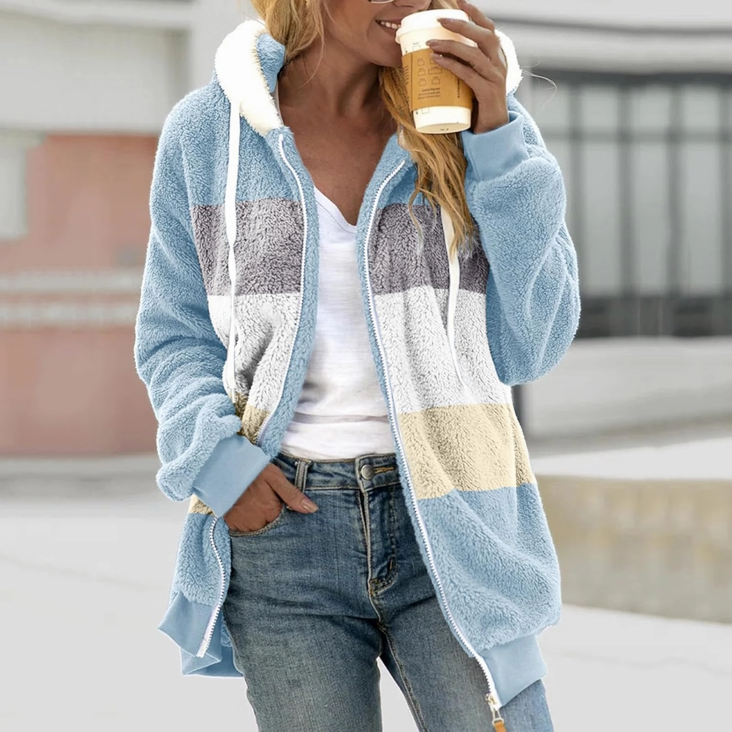 Sherpa Jacket For Women With Hood Causal Loose Plus Size Zip Up Color Block Fuzzy Fleece Coat Warm Teddy Outwear