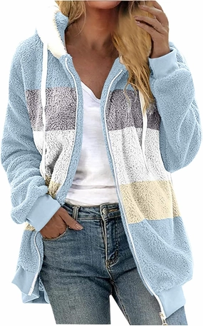 Sherpa Jacket For Women With Hood Causal Loose Plus Size Zip Up Color Block Fuzzy Fleece Coat Warm Teddy Outwear