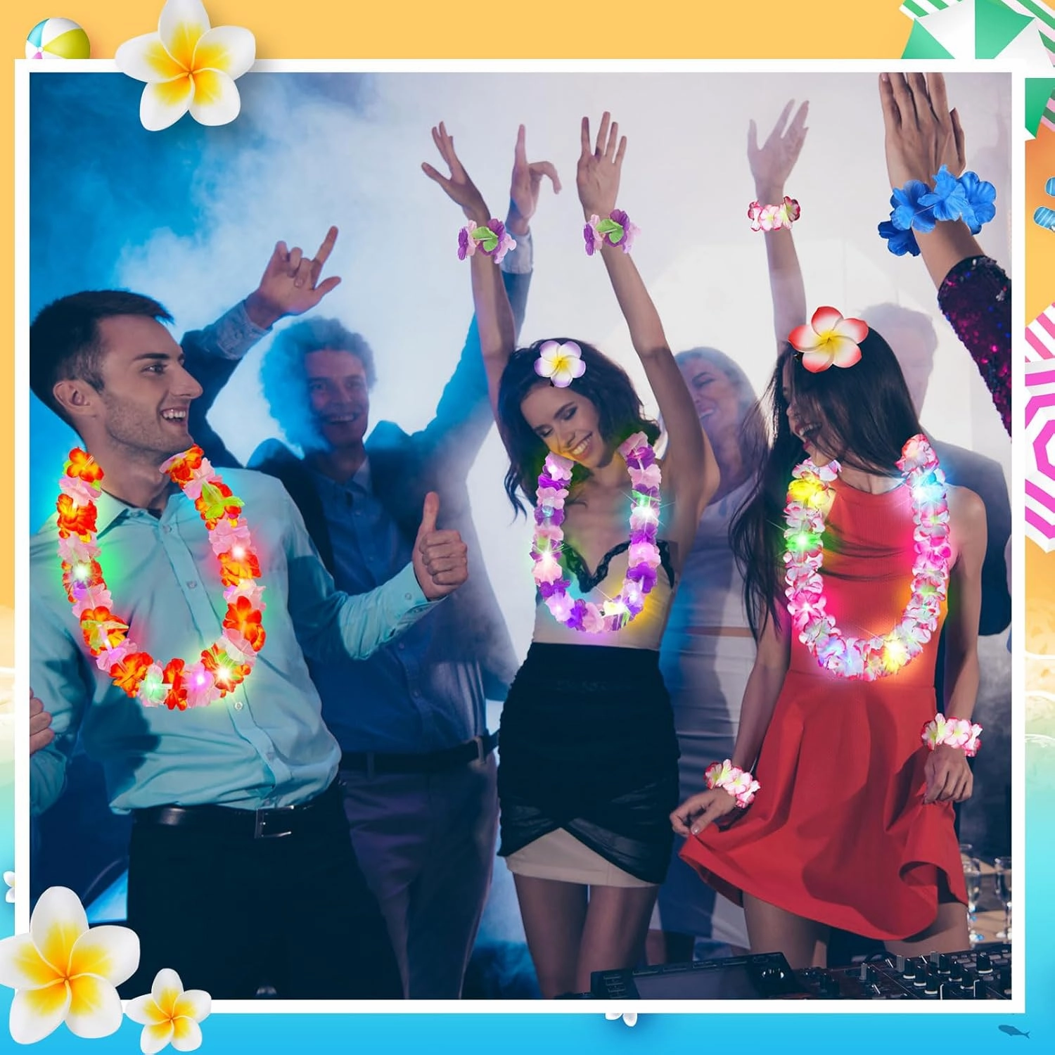 Sherr 120 Pcs Hawaiian LED Luau Leis Party Decorations Supplies Set 30 Light Up Tropical Leis Flowers Necklaces 60 Bracelets 30 Hair Clips Bulk Masquerade Wedding Summer Beach Carnival Party Favors