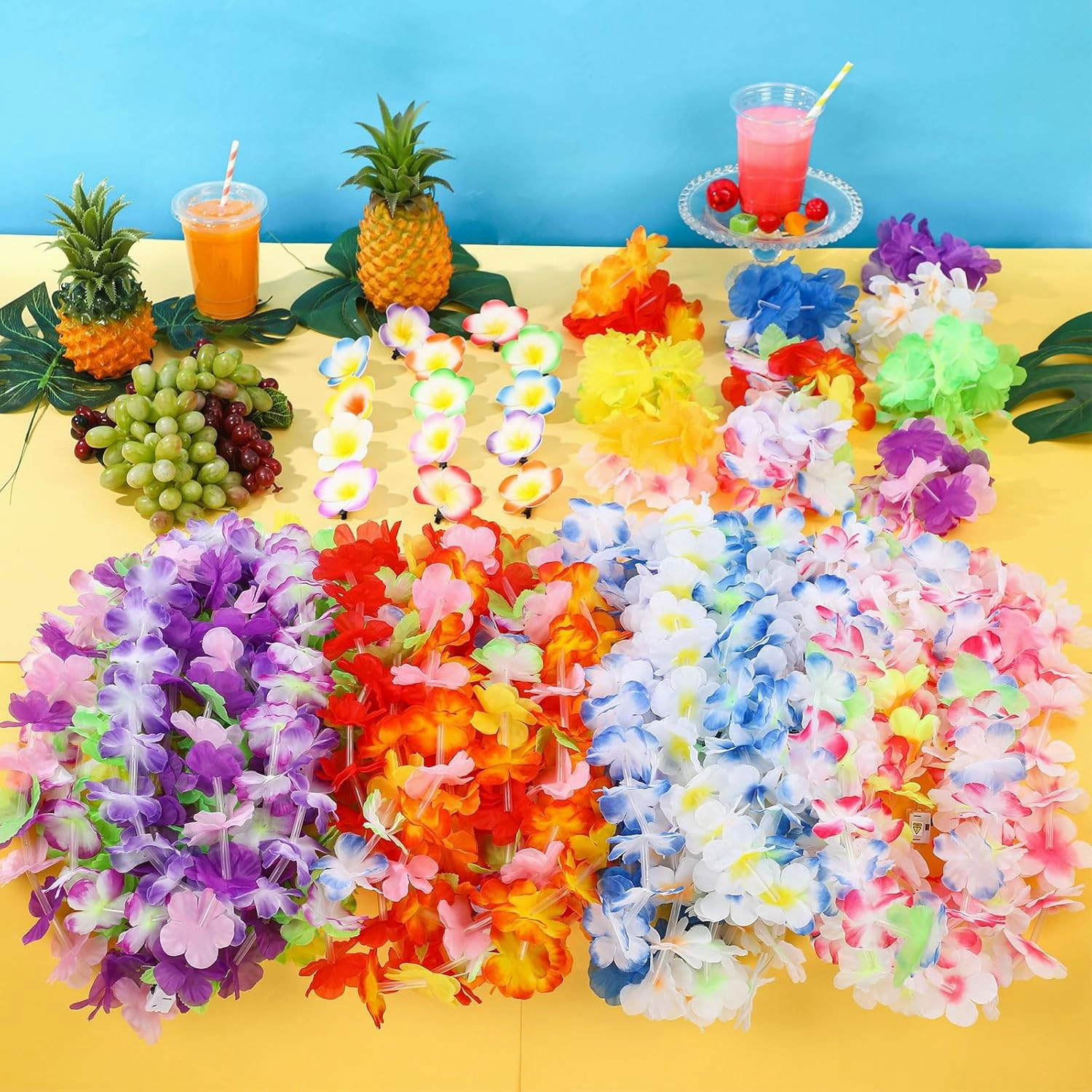 Sherr 120 Pcs Hawaiian LED Luau Leis Party Decorations Supplies Set 30 Light Up Tropical Leis Flowers Necklaces 60 Bracelets 30 Hair Clips Bulk Masquerade Wedding Summer Beach Carnival Party Favors