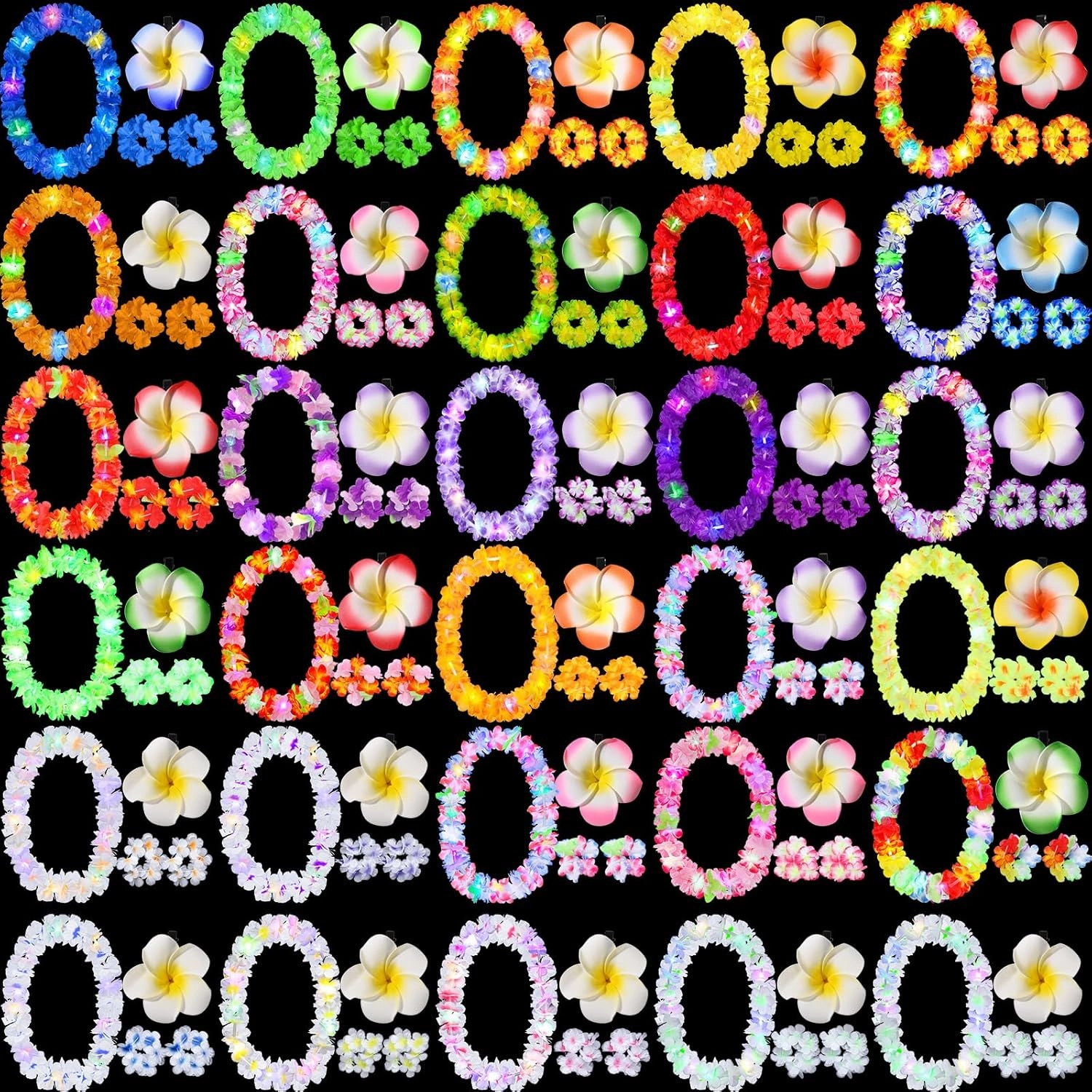 Sherr 120 Pcs Hawaiian LED Luau Leis Party Decorations Supplies Set 30 Light Up Tropical Leis Flowers Necklaces 60 Bracelets 30 Hair Clips Bulk Masquerade Wedding Summer Beach Carnival Party Favors