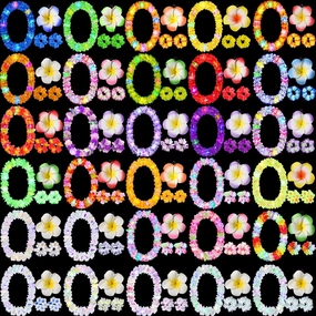 Sherr 120 Pcs Hawaiian LED Luau Leis Party Decorations Supplies Set 30 Light Up Tropical Leis Flowers Necklaces 60 Bracelets 30 Hair Clips Bulk Masquerade Wedding Summer Beach Carnival Party Favors
