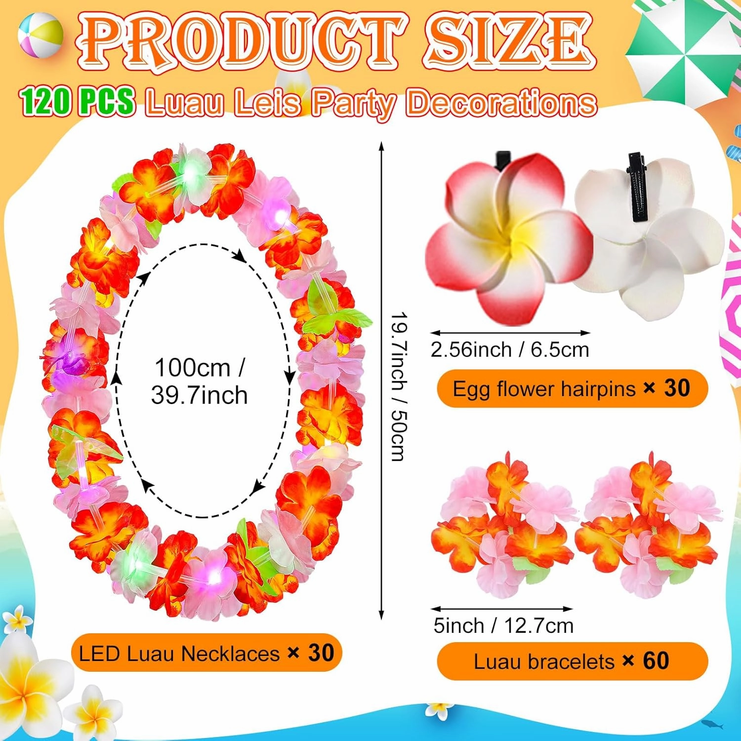 Sherr 120 Pcs Hawaiian LED Luau Leis Party Decorations Supplies Set 30 Light Up Tropical Leis Flowers Necklaces 60 Bracelets 30 Hair Clips Bulk Masquerade Wedding Summer Beach Carnival Party Favors