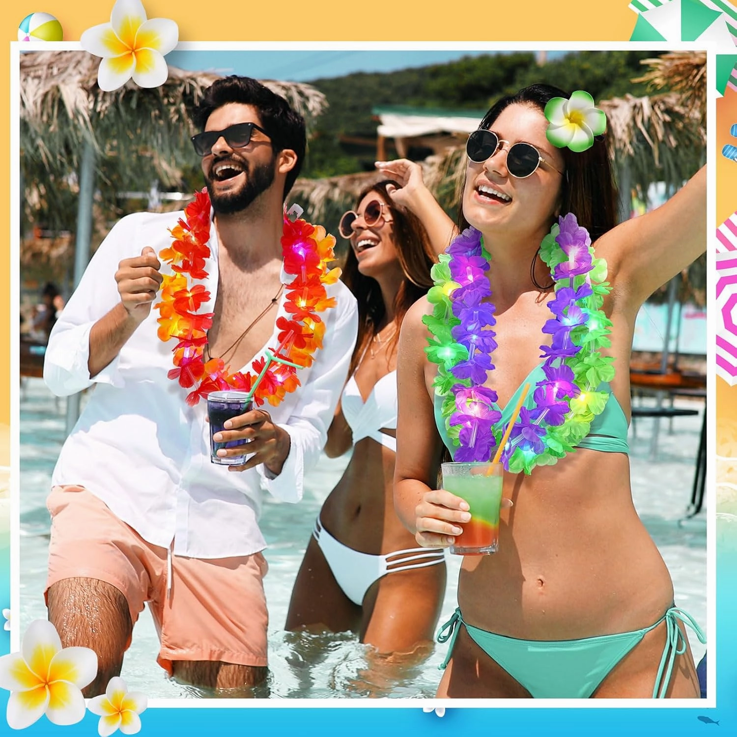 Sherr 120 Pcs Hawaiian LED Luau Leis Party Decorations Supplies Set 30 Light Up Tropical Leis Flowers Necklaces 60 Bracelets 30 Hair Clips Bulk Masquerade Wedding Summer Beach Carnival Party Favors
