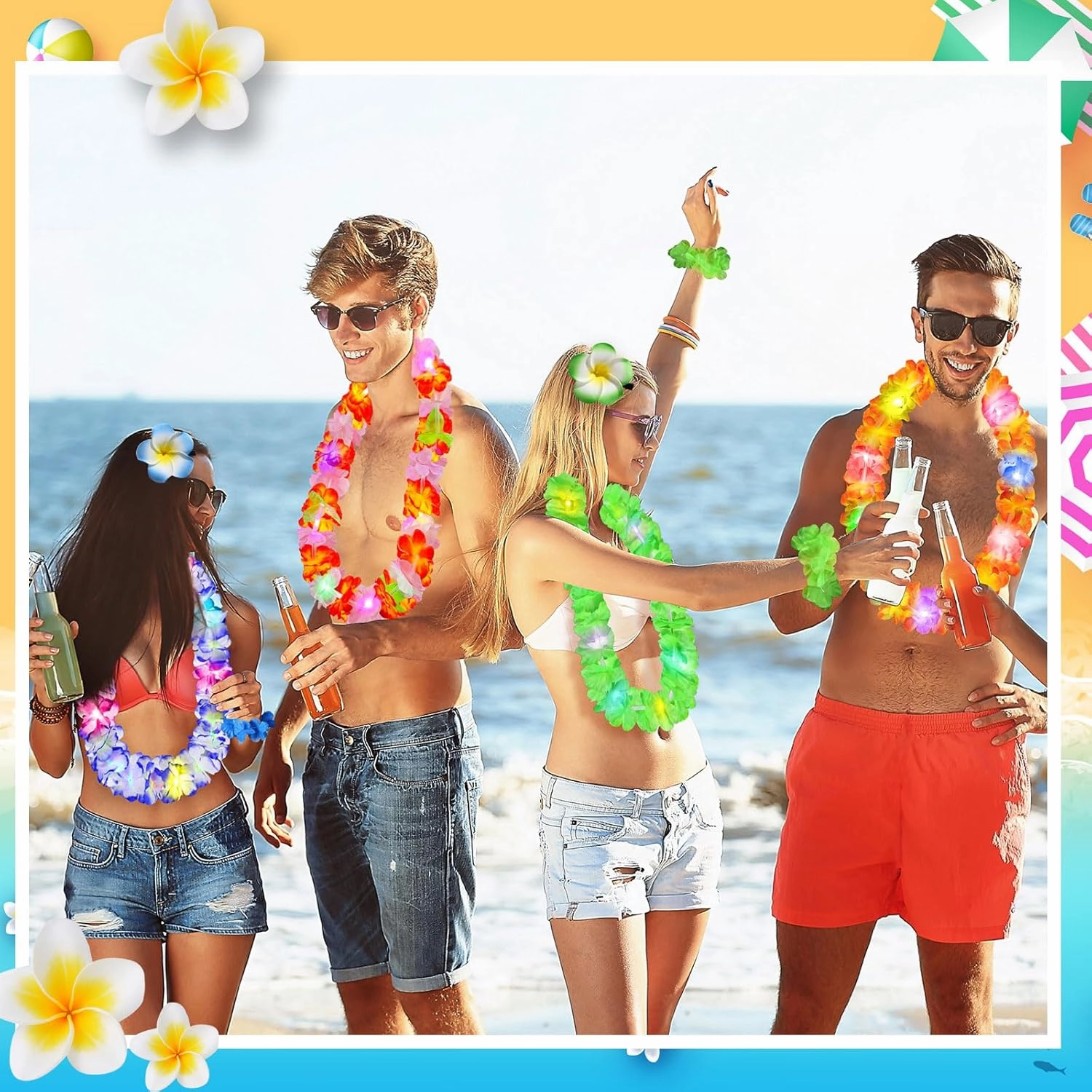 Sherr 120 Pcs Hawaiian LED Luau Leis Party Decorations Supplies Set 30 Light Up Tropical Leis Flowers Necklaces 60 Bracelets 30 Hair Clips Bulk Masquerade Wedding Summer Beach Carnival Party Favors