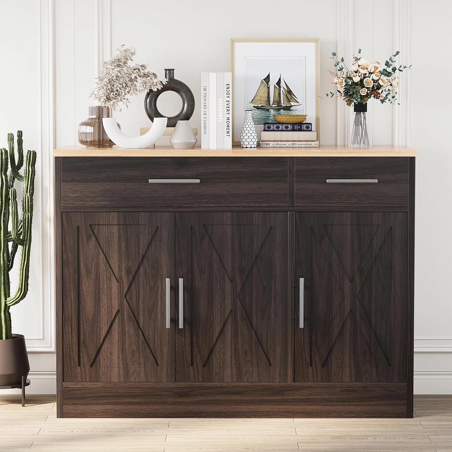 Shintenchi Modern Farmhouse Sideboard Buffet Cabinet with Storage & 3 Doors,42" Barn Doors Buffet Cabinet with Storage,Wood Coffee Bar Cabinet with Adjustable Shelf for Kitchen Living Room,Dark Brown