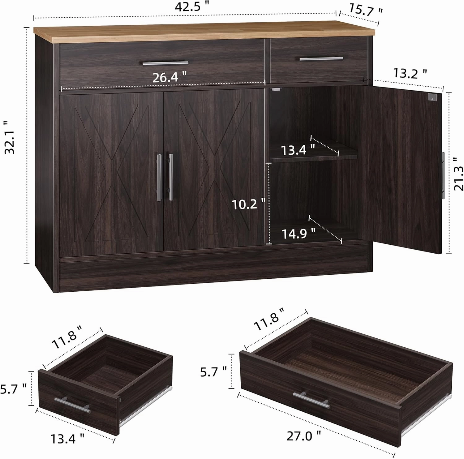 Shintenchi Modern Farmhouse Sideboard Buffet Cabinet with Storage & 3 Doors,42" Barn Doors Buffet Cabinet with Storage,Wood Coffee Bar Cabinet with Adjustable Shelf for Kitchen Living Room,Dark Brown