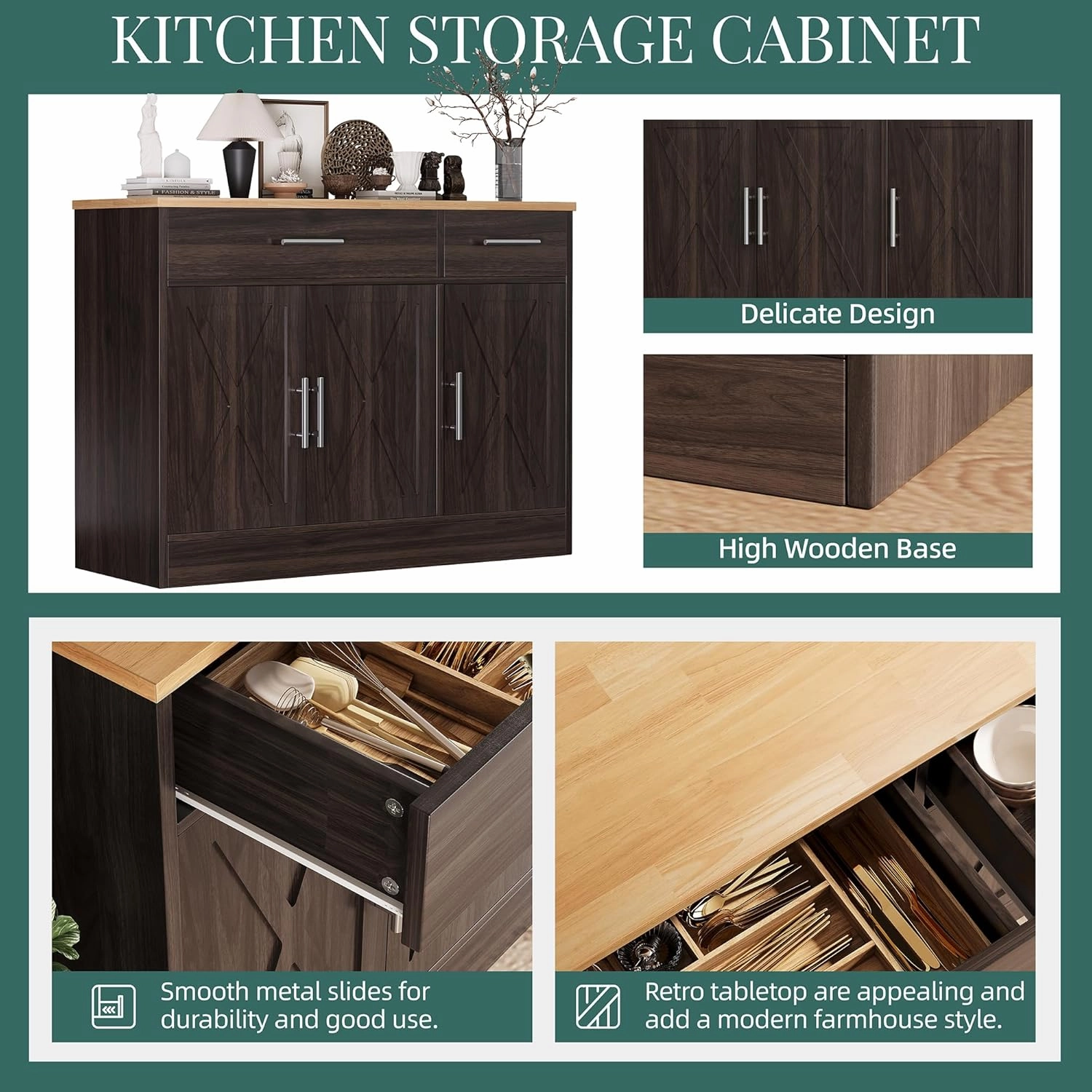 Shintenchi Modern Farmhouse Sideboard Buffet Cabinet with Storage & 3 Doors,42" Barn Doors Buffet Cabinet with Storage,Wood Coffee Bar Cabinet with Adjustable Shelf for Kitchen Living Room,Dark Brown